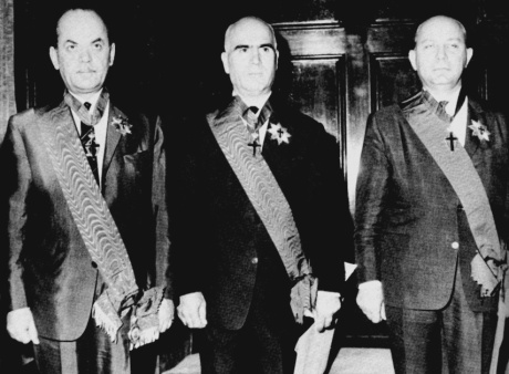 The three leaders of the US-backed Greek Revolutionary Junta: Papadopoulos (left), Pattakos (centre), Makarezos (right)
